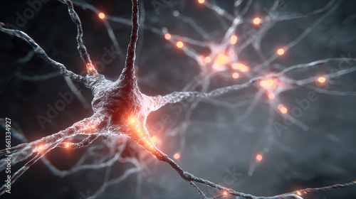 Glowing neuron network with magnesium crystals pulsing at synaptic junctions.