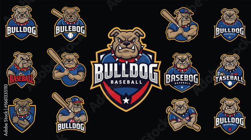 Bulldog baseball team mascots in various poses and designs sport