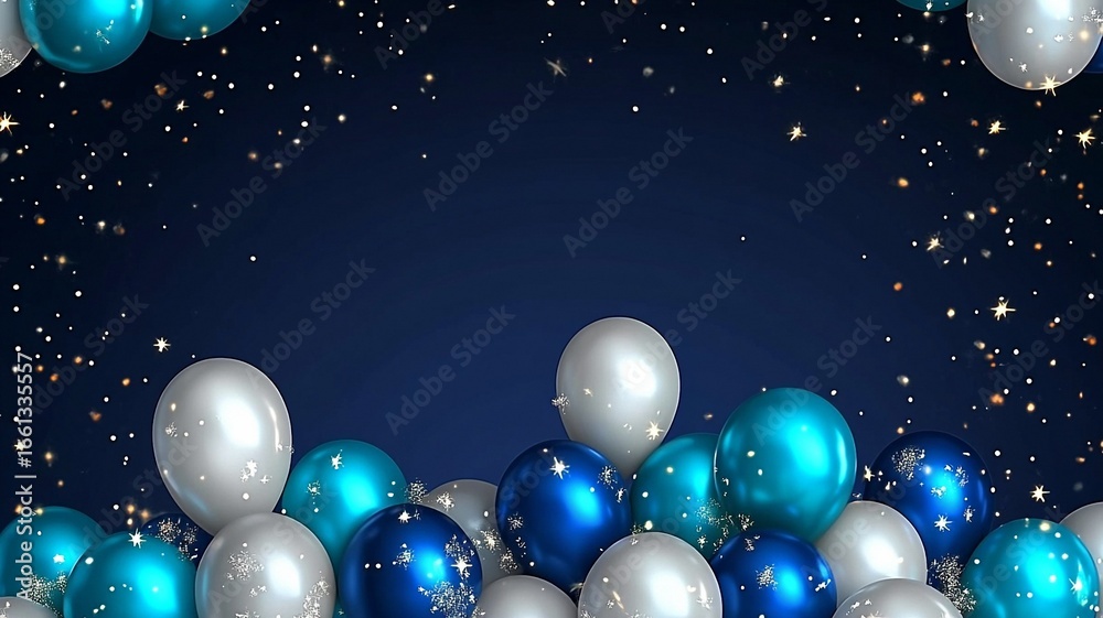 Fototapeta premium A blue and white background with a bunch of balloons. The balloons are scattered all over the background, creating a festive and celebratory atmosphere
