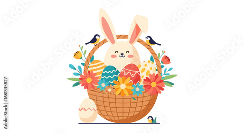 Charming easter basket scene featuring a cute bunny adorned with spring flowers and colorful eggs