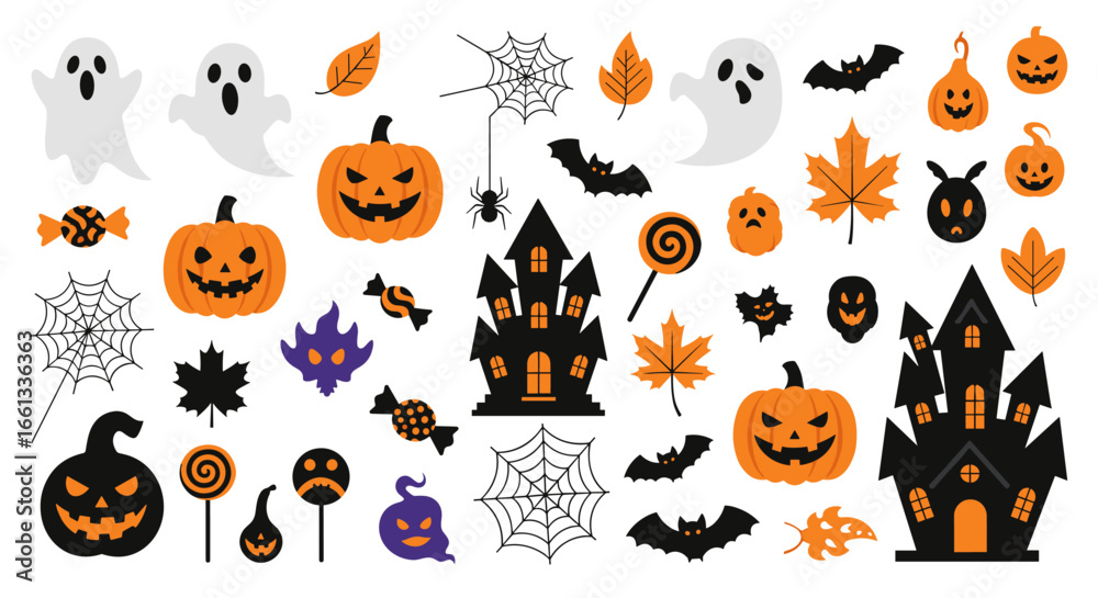 Fototapeta premium A spooky collection of halloween icons featuring ghosts pumpkins bats and haunted houses for festive decorations