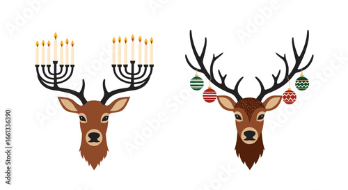 Festive reindeer with holiday decorations featuring menorah and ornaments for christmas and hanukkah celebrations