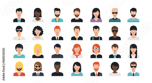 A diverse collection of flat style user avatars representing various individuals and professions