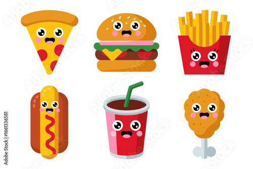 Fast food combo vector, burger pizza fries hot dog drink donut, kawaii faces, takeaway theme, white background, kids stickers, snack clipart, cafe menu design, element