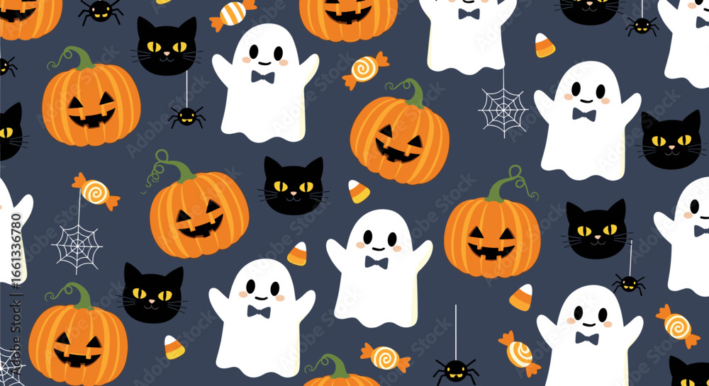 Obraz premium Adorable halloween decorations featuring ghosts pumpkins spiders and black cats on a dark blue background