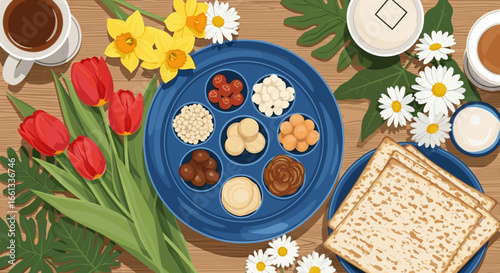A beautifully arranged passover seder plate with matzah and spring flowers on a wooden table