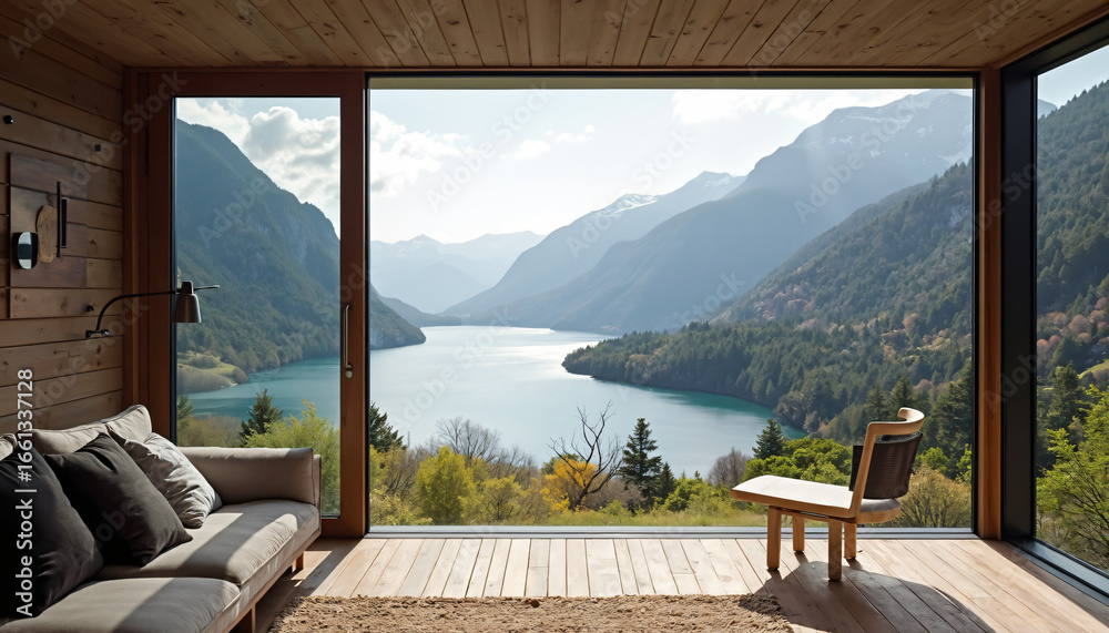 Fototapeta premium Cabin Interior with Lake and Mountain View Through Window