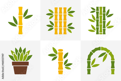Bamboo arrangement icons, clustered stalks with leaves, indoor pot and garden arch, green decorative elements, flat vector clipart, isolated white background, spa wellness assets