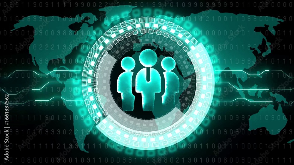 Obraz premium Teal Digital Network with People Icon and Binary Code World Map business global