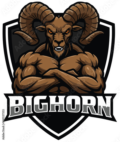 Muscular Bighorn Sheep Mascot with Crossed Arms and Shield Logo vector illustration