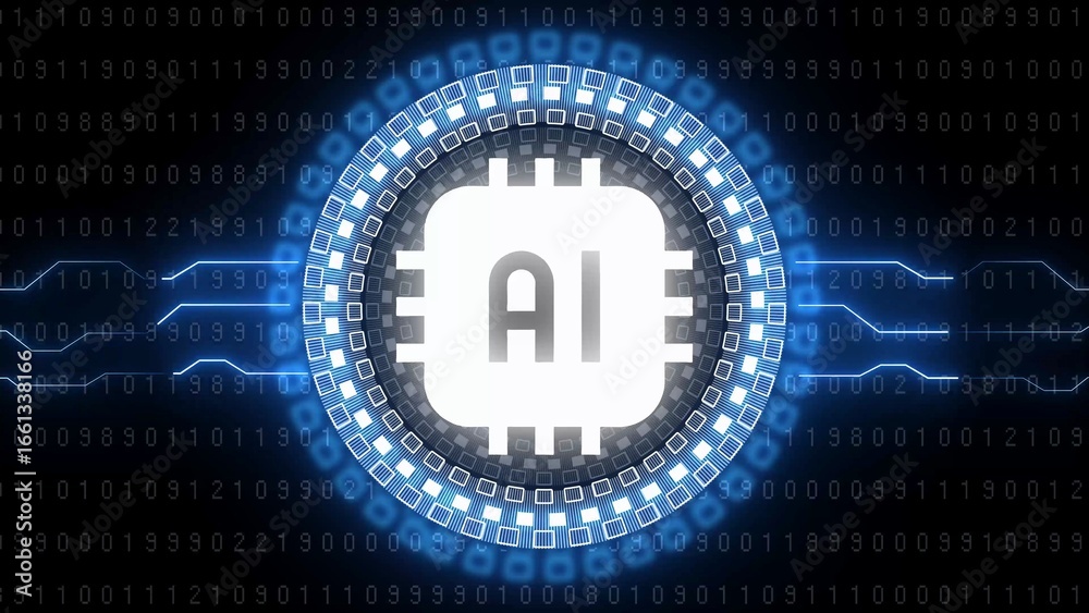 Fototapeta premium AI Chip Icon in Glowing Blue Futuristic Circle with Binary Code Data Stream Background Keywords: AI, artificial intelligence, chip, technology, futuristic, sci-fi
