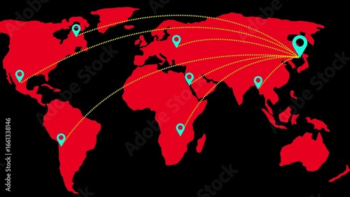 World map with red continents and cyan location pins connected by dotted yellow lines global network