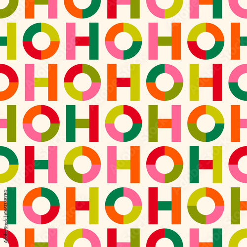 Colorful geometric typography seamless pattern design for christmas background. Santa claus laughs "HO HO HO".