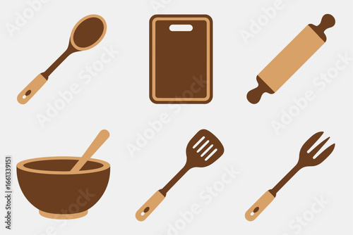 Kitchen utensils set, cutting board rolling pin spoon ladle spatula, wooden bowl, cooking tools bundle, flat vector icons, culinary clipart, isolated elements