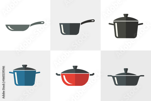 Cookware set, saucepan frying pan stockpot casserole, kitchen pots, stovetop cooking tools, flat vector icons, culinary clipart, isolated elements for menu design