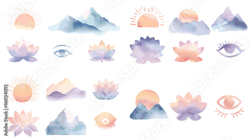 Pastel watercolor illustration set of lotus flowers, mountains, rising sun, and mystical eye symbols, ideal for yoga, meditation, and spiritual design projects.