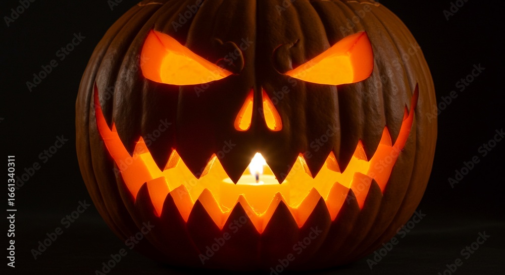 Fototapeta premium Closeup of a carved pumpkin with a spooky glowing face, dramatic shadows, dark background, realistic texture and lighting, professional photo style.