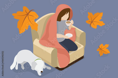 Woman character sitting cozy armchair with a lying dog. Female drink warm coffee, tea. Autumn mood state.  3d isometric flat illustration.