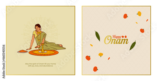 Happy Onam calligraphy with a South Indian woman celebrating the Onam festival, editable vector illustration for the social media post, greeting card, and packaging. 