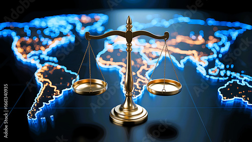 Golden scales of justice balances global legal concepts on world map background representing law