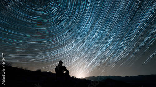 Star trails creating a radiant shower pattern above a silhouetted observer, immersed in celestial glow.