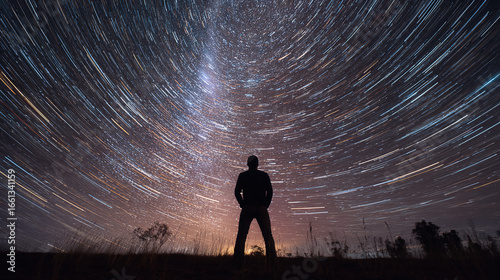 Star trails creating a radiant shower pattern above a silhouetted observer, immersed in celestial glow.