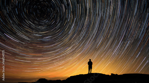 Star trails creating a radiant shower pattern above a silhouetted observer, immersed in celestial glow.