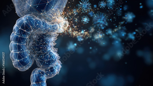 X-ray illustration of a digestive tract with geometric particles transforming into bio-luminescent flora.