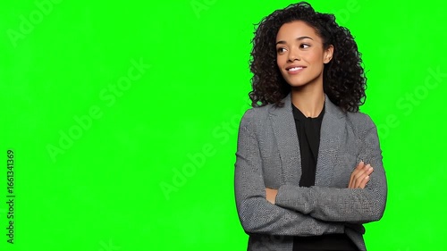 Loop video stock footage of confident business woman on green screen chroma key background