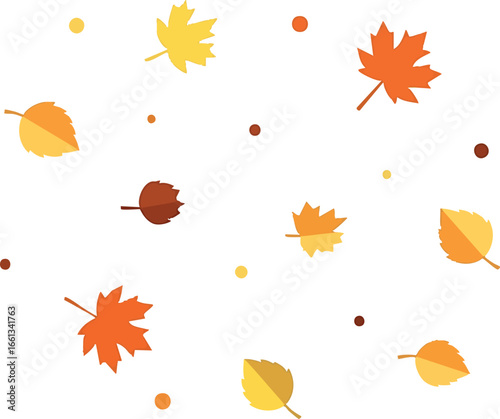 A simple illustration of falling autumn leaves and small dots scattered on white background.