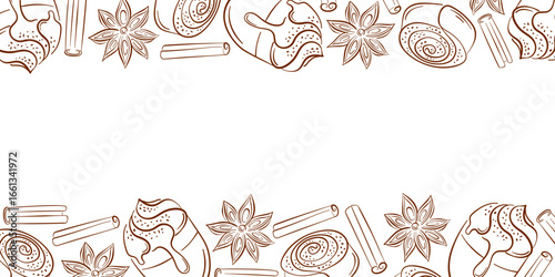 Horizontal frame made of cinnamon roll cupcake, star anise, coffee cup and sticks in line art style. Ideal for bakery packaging, recipe card, cafe menu and sweet dessert themed design.