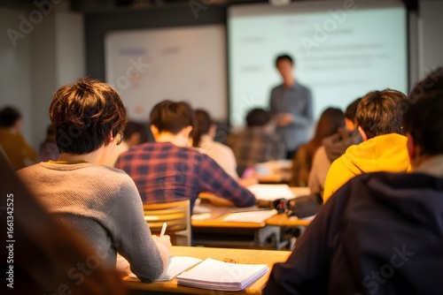 Students listen to lecturer in front of projection screen