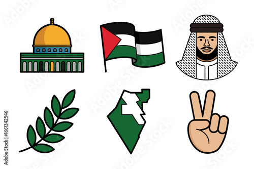 Middle east symbols set vector, mosque dome, flag and map, man in headscarf, olive branch, peace hand gesture, culture icons