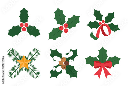 Holly and pine composition set, ribbon bows and berries, festive greenery elements, classic Christmas botanical vector clipart
