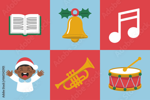 Christmas caroling icons grid, open songbook bell music note trumpet drum, smiling singer character, red and green squares, festive illustration, vector clipart set