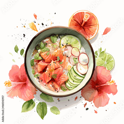 Tropical Watercolor Poke Bowl with Fresh Salmon and Vegetables