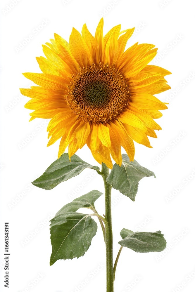 Fototapeta premium Bright yellow sunflower with green leaves on a white background (1)