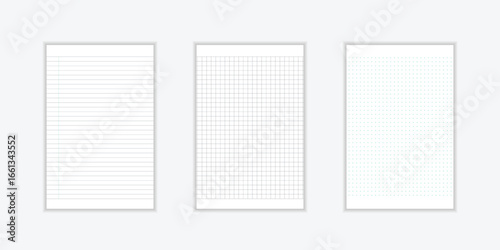 Set of blank sheets of lined, square grid and dotted paper in a4 format. Paper templates for notes, writing, sketching, and journaling. Ideal for school, office and work.
