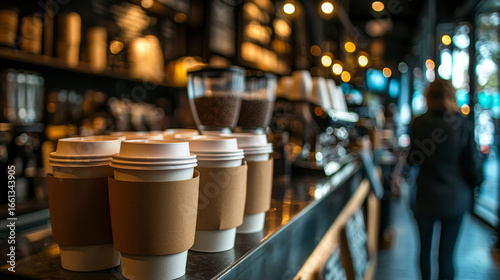 Coffee shop counter; several takeaway coffee cups with sleeves