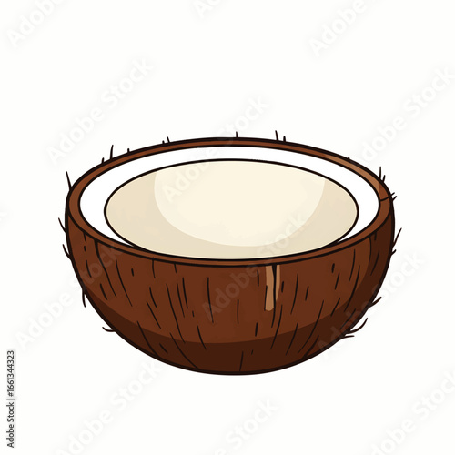 Fresh tropical half coconut with brown fibrous shell and white creamy flesh isolated cartoon illustration on white background_vector