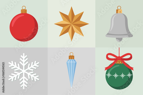 Christmas decoration blocks, red bauble golden star silver bell, snowflake and icicle accents, green ball with ribbon, festive vector icons, seasonal clipart collection