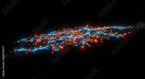 Abstract Network of Glowing Nodes and Connections in Blue and Orange – Digital Technology, Futuristic Network, Data Visualization, and Cyber Concept