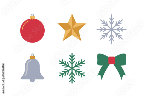 Simple christmas icons, red ornament golden star soft snowflakes, silver bell green bow, winter holiday decoration bundle, minimal vector clipart, isolated festive elements