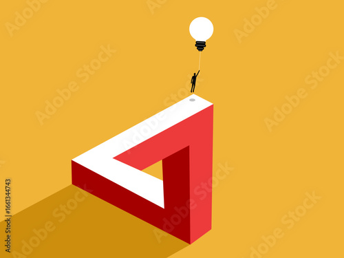 businessman floats with a light bulb out of a Penrose triangle