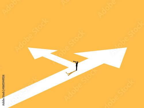 businessman looks outside the box and changes the path of the guiding arrow