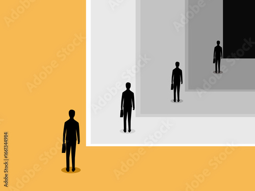 businessman looks into a mirror and reflects on himself