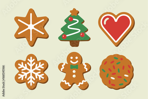 Christmas cookie set, gingerbread man with icing, star tree heart shapes, snowflake cookie and sprinkled round treat, holiday bakery vector icons, sweet dessert clipart collection