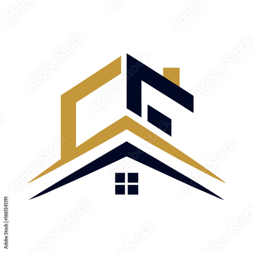 Modern Abstract Home Real Estate Logo Design with Gold and Blue Colors Representing Security and Wealth in a Clean and Minimalist Style
