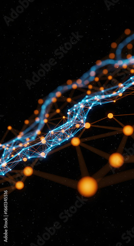 Abstract Network of Glowing Nodes and Connections in Blue and Orange – Digital Technology, Futuristic Network, Data Visualization, and Cyber Concept