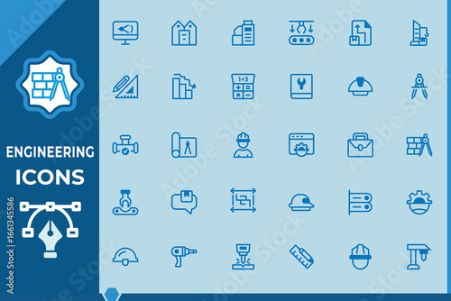 Engineering vector icons set. Editable Stroke. Architecture related line  icons architect, house, design professional, work tool, helmet, construction, manufacturing and more.  Vector illustration